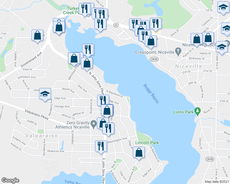 map of restaurants, bars, coffee shops, grocery stores, and more near 1284 North Bayshore Drive in Valparaiso