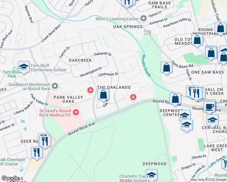 map of restaurants, bars, coffee shops, grocery stores, and more near 690 Oak Park Drive in Round Rock