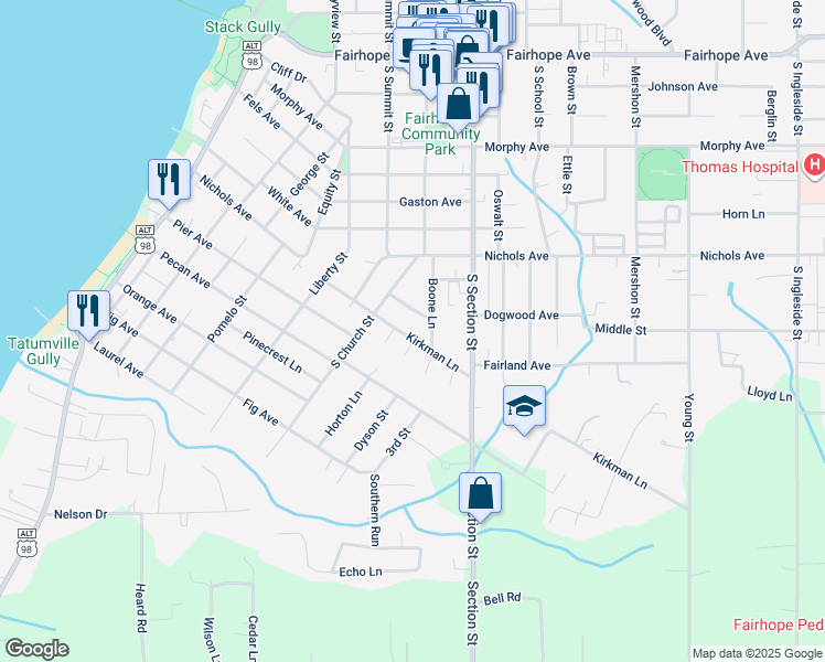 map of restaurants, bars, coffee shops, grocery stores, and more near 246 Burgundy Street in Fairhope