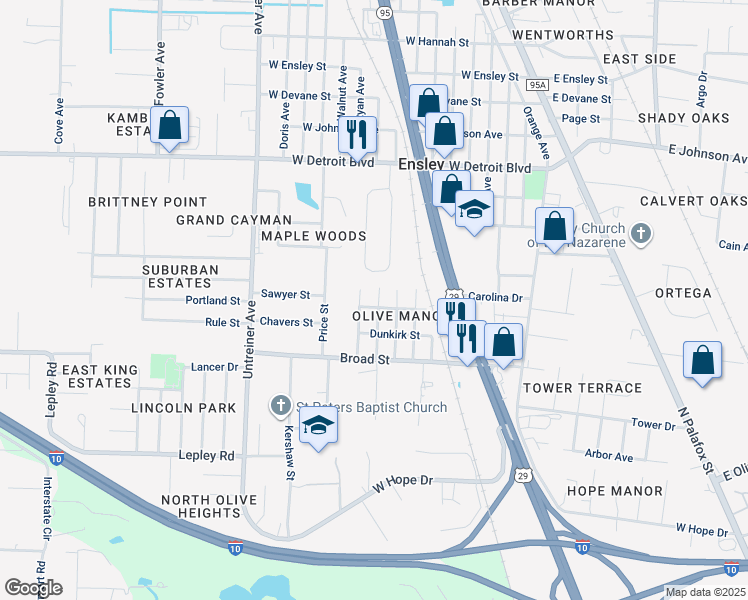 map of restaurants, bars, coffee shops, grocery stores, and more near 8011 Regiment Drive in Pensacola