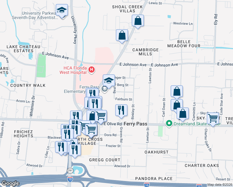 map of restaurants, bars, coffee shops, grocery stores, and more near 2265 Berg Street in Pensacola