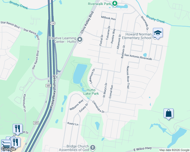 map of restaurants, bars, coffee shops, grocery stores, and more near 303 Lakemont Drive in Hutto