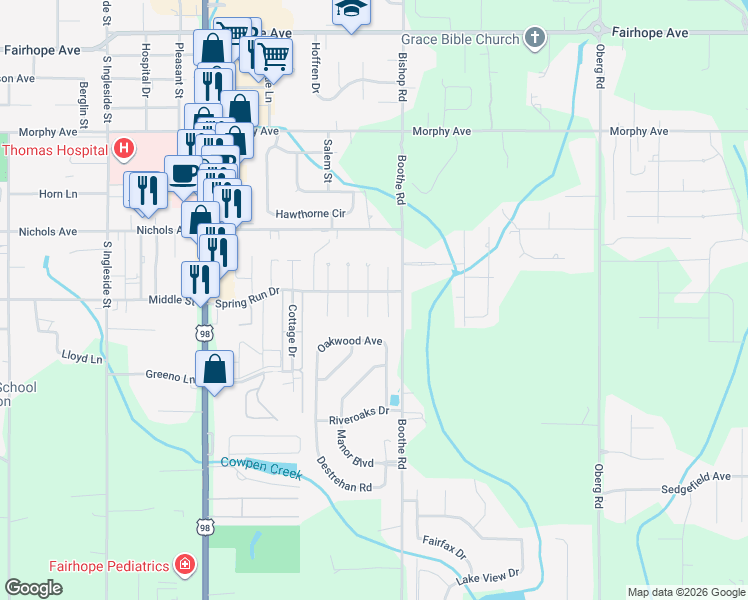map of restaurants, bars, coffee shops, grocery stores, and more near 504 Westchase Court North in Fairhope
