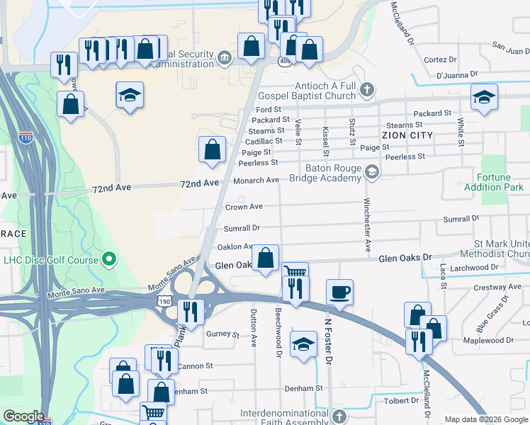 map of restaurants, bars, coffee shops, grocery stores, and more near 7026 Beechwood Drive in Baton Rouge