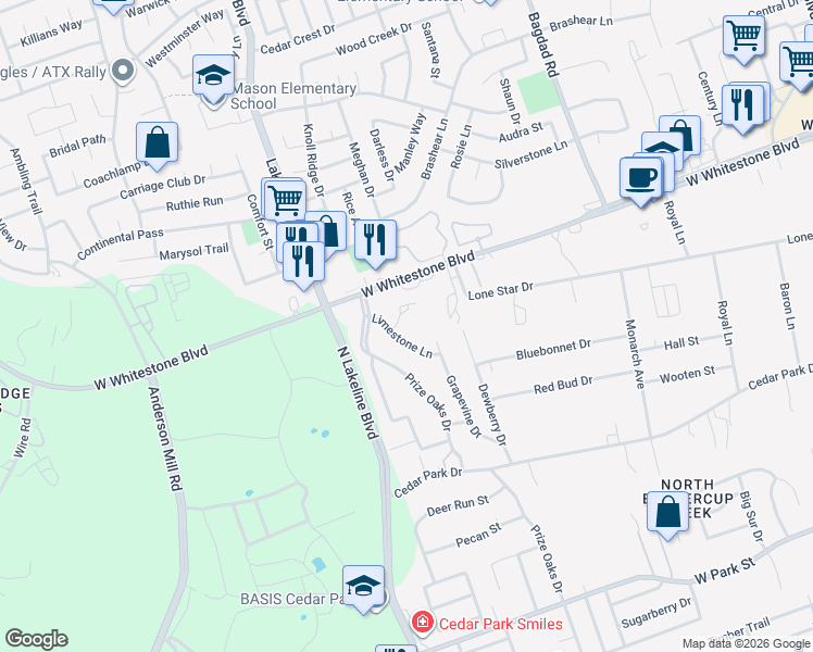 map of restaurants, bars, coffee shops, grocery stores, and more near 905 Quartz Court in Cedar Park