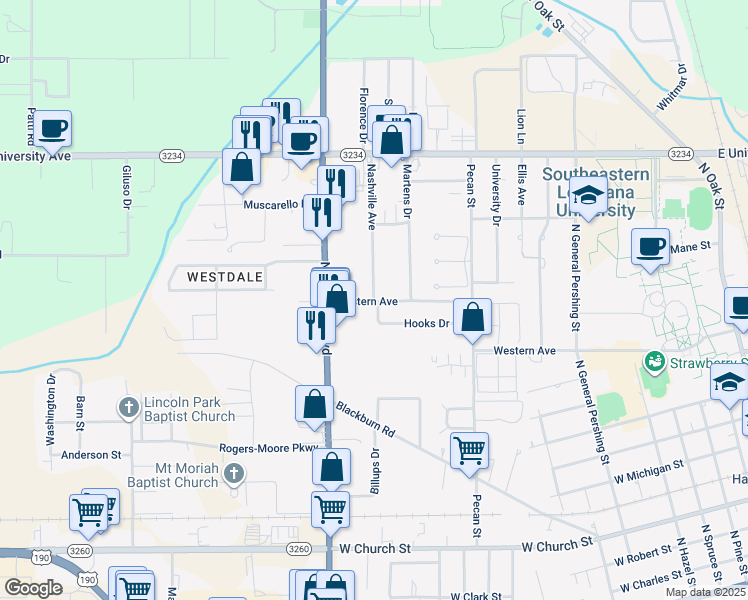map of restaurants, bars, coffee shops, grocery stores, and more near 1405 Nashville Avenue in Hammond