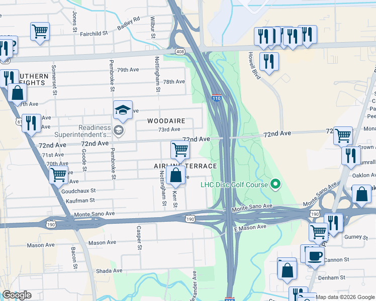 map of restaurants, bars, coffee shops, grocery stores, and more near 2886 72nd Avenue in Baton Rouge