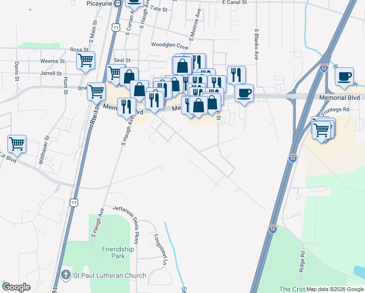 map of restaurants, bars, coffee shops, grocery stores, and more near 657-799 Telly Road in Picayune