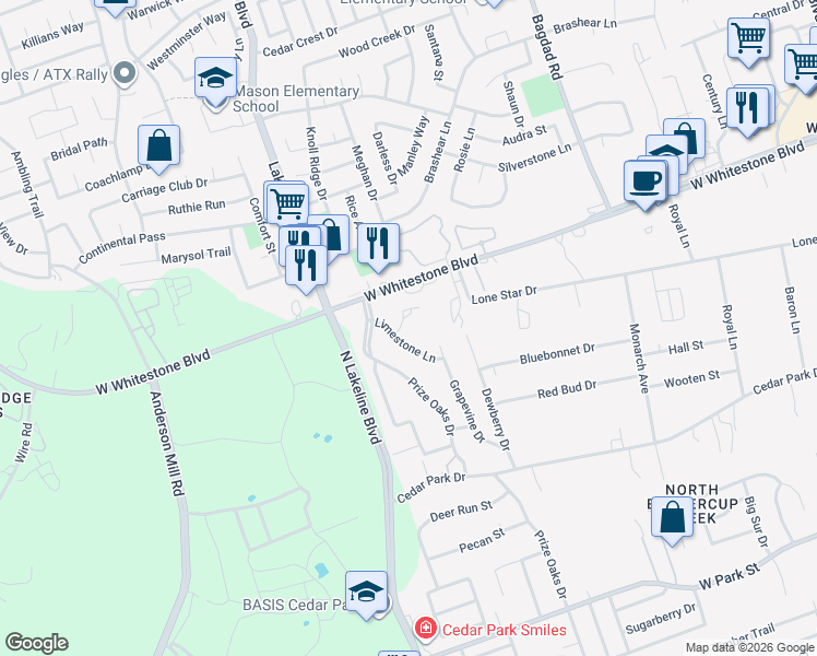 map of restaurants, bars, coffee shops, grocery stores, and more near 905 Quartz Court in Cedar Park
