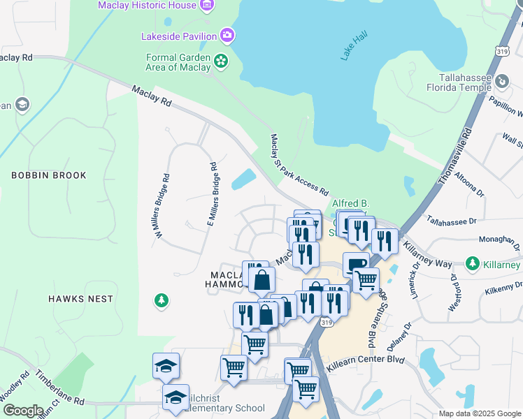 map of restaurants, bars, coffee shops, grocery stores, and more near 1334 Hidden Timbers Place in Tallahassee