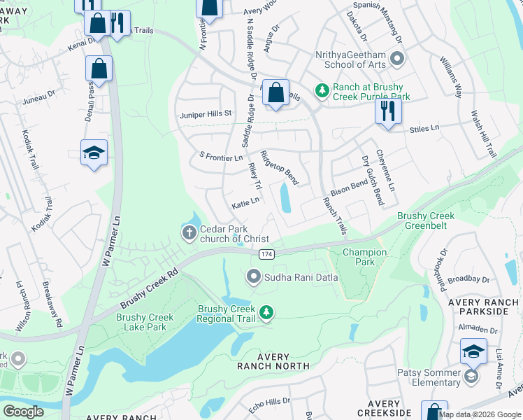 map of restaurants, bars, coffee shops, grocery stores, and more near 3803 Katie Lane in Cedar Park