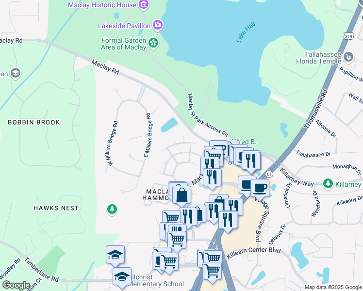 map of restaurants, bars, coffee shops, grocery stores, and more near 1334 Hidden Timbers Place in Tallahassee