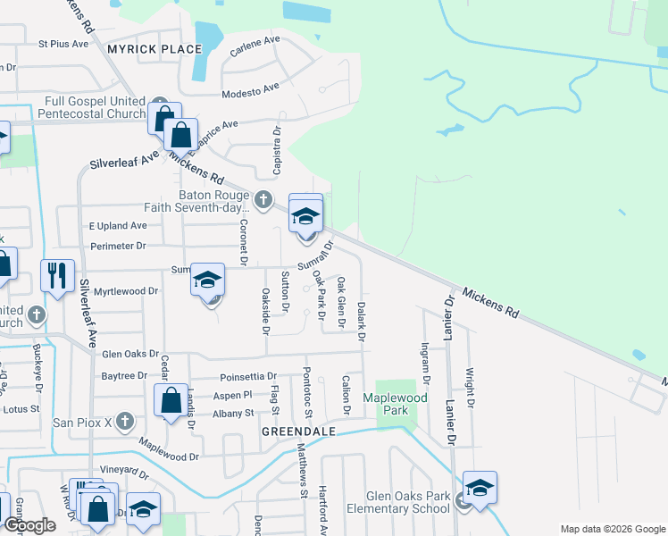map of restaurants, bars, coffee shops, grocery stores, and more near 7051 Dalark Drive in Baton Rouge