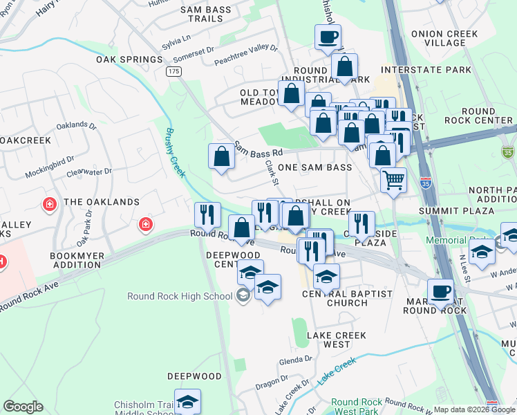 map of restaurants, bars, coffee shops, grocery stores, and more near 1405 Ledbetter Street in Round Rock