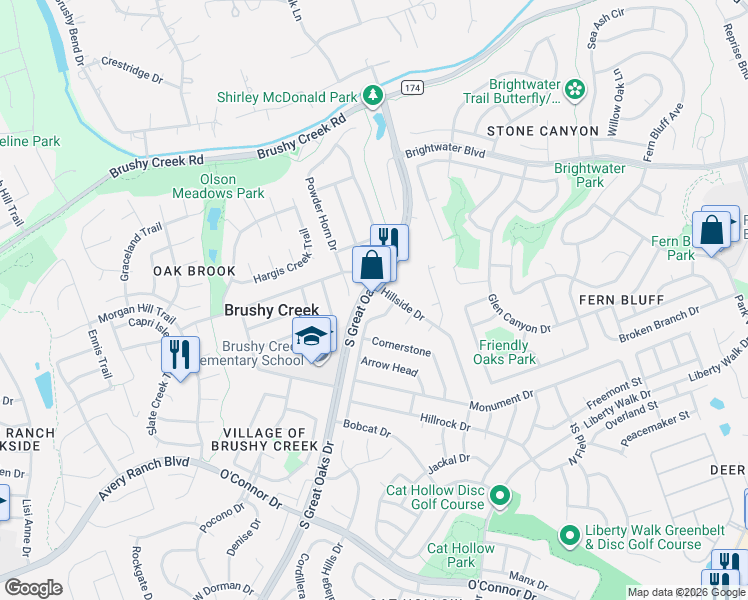 map of restaurants, bars, coffee shops, grocery stores, and more near 601 Great Oaks Drive in Round Rock