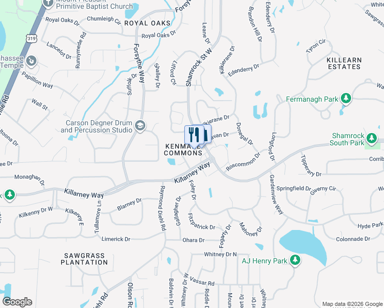 map of restaurants, bars, coffee shops, grocery stores, and more near 3640 Killarney Plaza Drive in Tallahassee