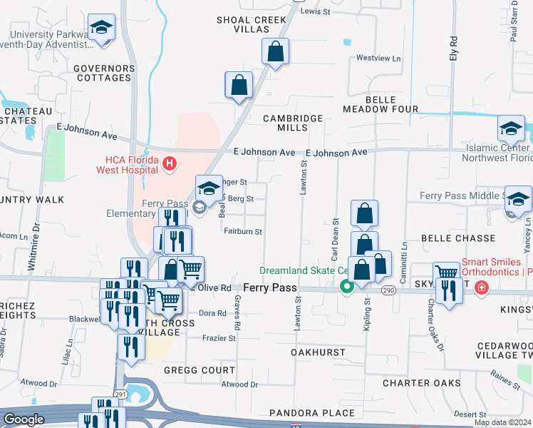 map of restaurants, bars, coffee shops, grocery stores, and more near 8315 Binkley Street in Pensacola