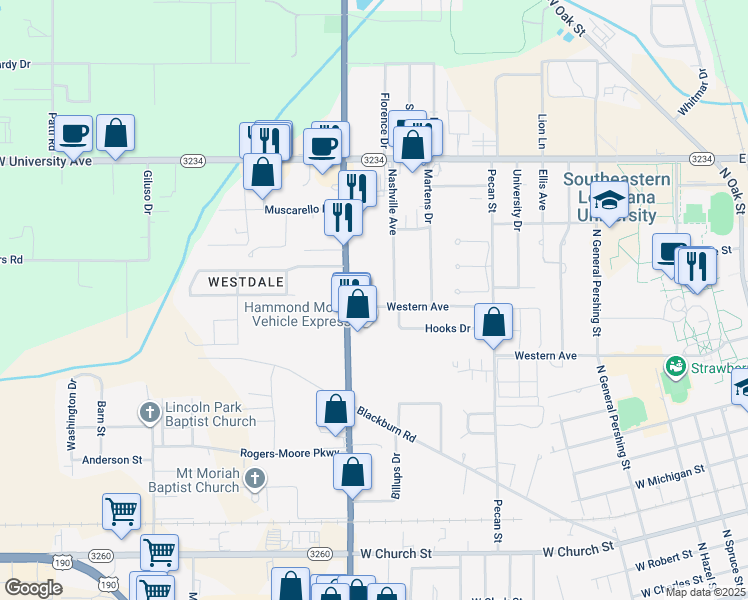 map of restaurants, bars, coffee shops, grocery stores, and more near 1405 Nashville Avenue in Hammond