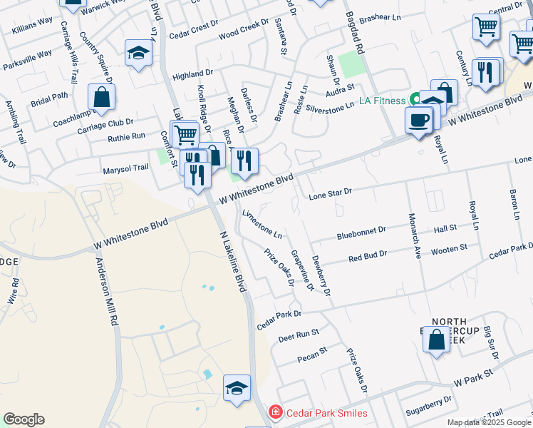 map of restaurants, bars, coffee shops, grocery stores, and more near 905 Quartz Court in Cedar Park