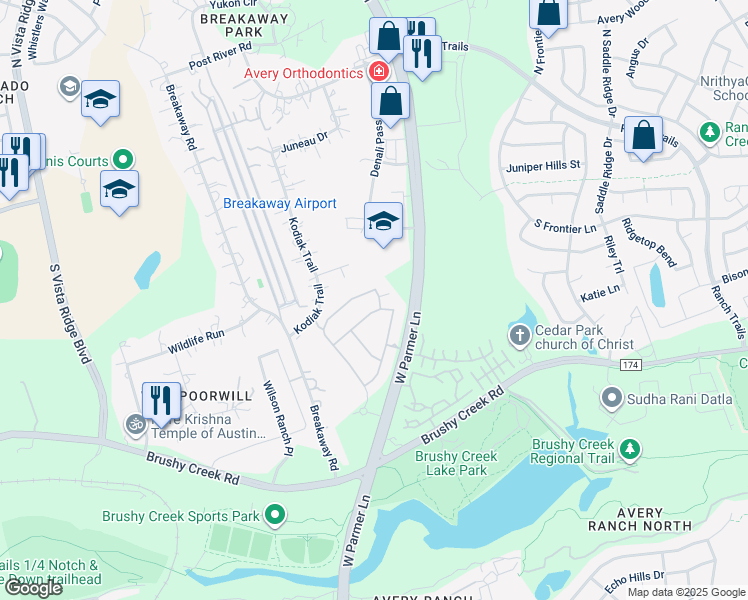 map of restaurants, bars, coffee shops, grocery stores, and more near 704 Kingston Place in Cedar Park