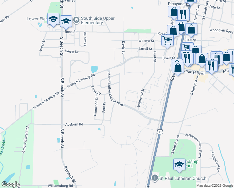 map of restaurants, bars, coffee shops, grocery stores, and more near 1107 Merrydale Drive in Picayune
