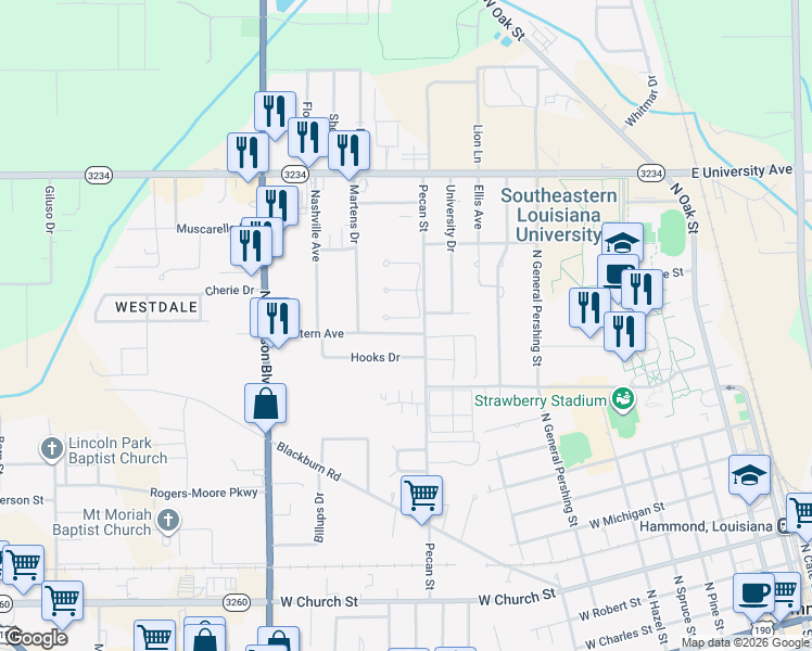 map of restaurants, bars, coffee shops, grocery stores, and more near 4 Longueleaf Drive in Hammond