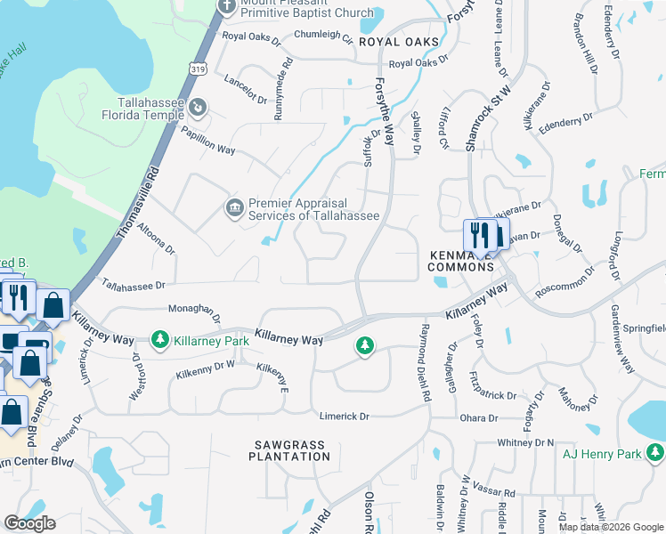 map of restaurants, bars, coffee shops, grocery stores, and more near 2325 Braeburn Circle in Tallahassee