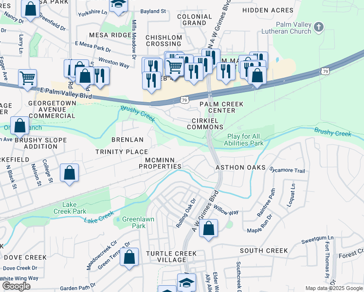 map of restaurants, bars, coffee shops, grocery stores, and more near 1806 Old Settlement Road in Round Rock