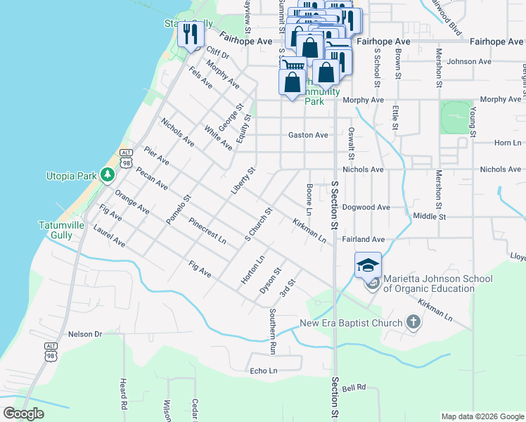 map of restaurants, bars, coffee shops, grocery stores, and more near 373 South Summit Street in Fairhope
