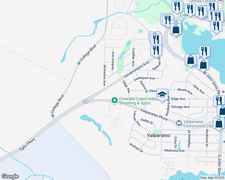 map of restaurants, bars, coffee shops, grocery stores, and more near 425-499 Government Avenue in Valparaiso
