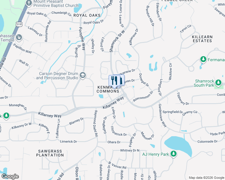 map of restaurants, bars, coffee shops, grocery stores, and more near 3640 Killarney Plaza Drive in Tallahassee