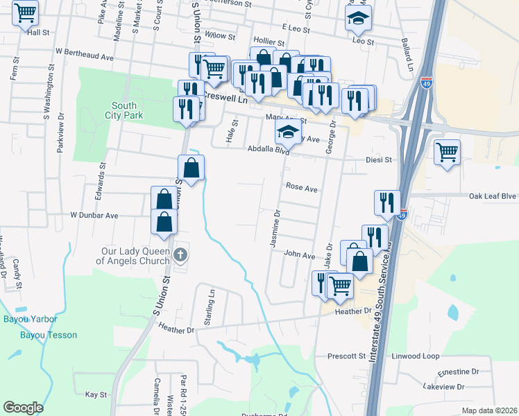 map of restaurants, bars, coffee shops, grocery stores, and more near 1851 Wilson Drive in Opelousas