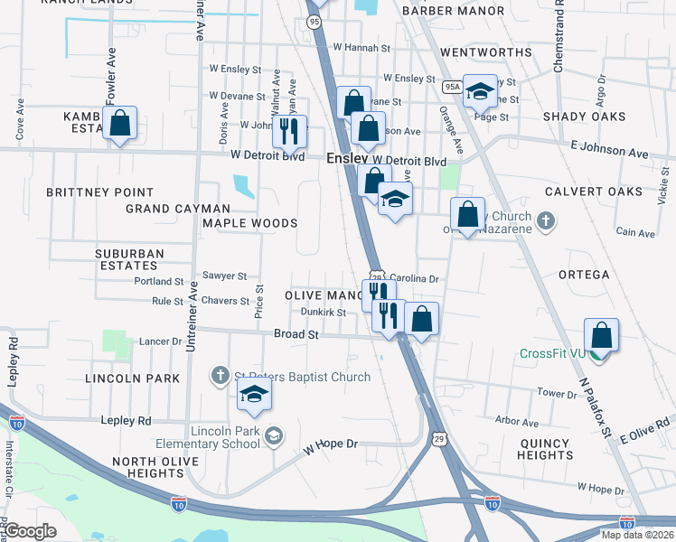 map of restaurants, bars, coffee shops, grocery stores, and more near 8031 Griffith Avenue in Pensacola