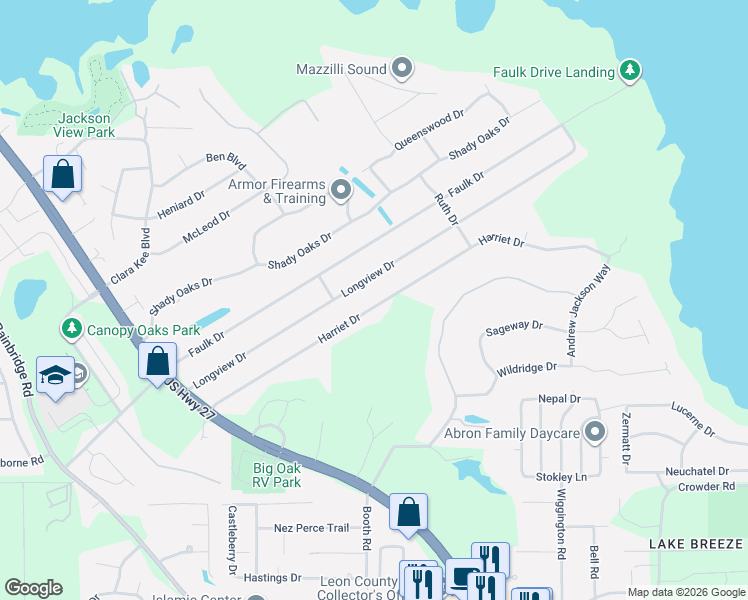 map of restaurants, bars, coffee shops, grocery stores, and more near 2041 Longview Drive in Tallahassee