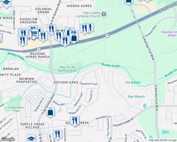 map of restaurants, bars, coffee shops, grocery stores, and more near 2424 Willow Way in Round Rock