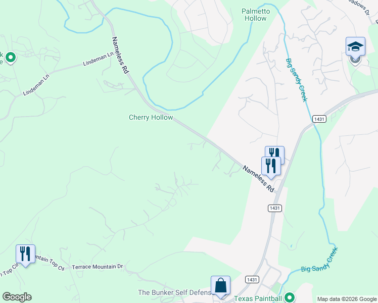 map of restaurants, bars, coffee shops, grocery stores, and more near 23642 Nameless Road in Leander