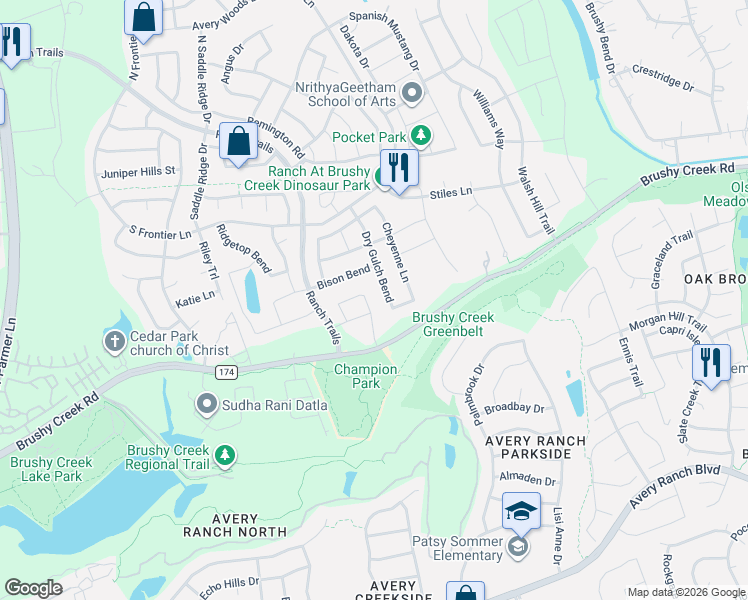map of restaurants, bars, coffee shops, grocery stores, and more near 609 Dry Gulch Bend in Cedar Park