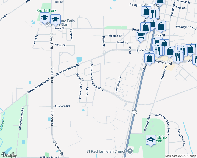 map of restaurants, bars, coffee shops, grocery stores, and more near 1107 Merrydale Drive in Picayune