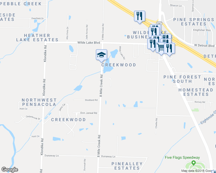 map of restaurants, bars, coffee shops, grocery stores, and more near 3111 Rushing Creek Road in Pensacola