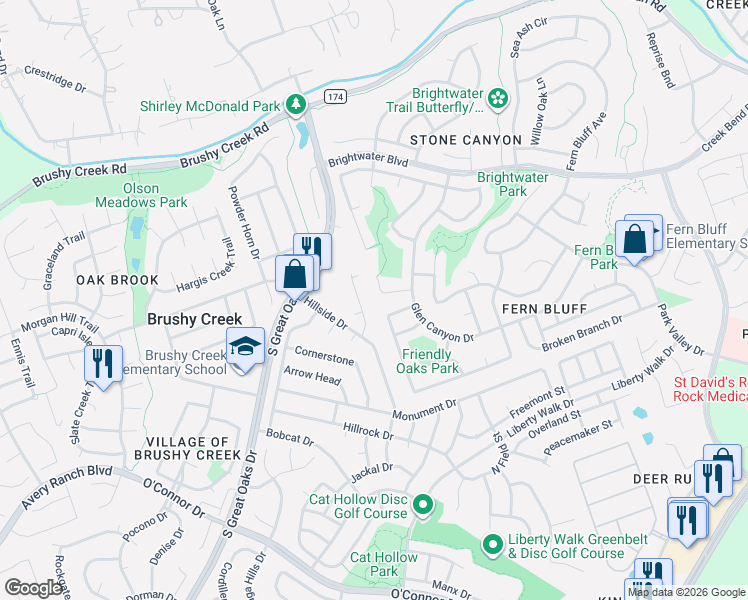 map of restaurants, bars, coffee shops, grocery stores, and more near 619 Rollingway Drive in Round Rock