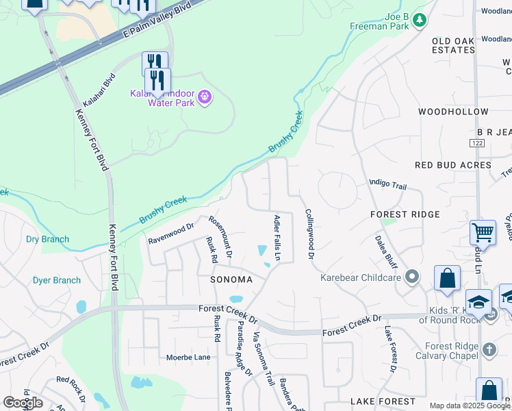 map of restaurants, bars, coffee shops, grocery stores, and more near 2321 Paradise Ridge Drive in Round Rock