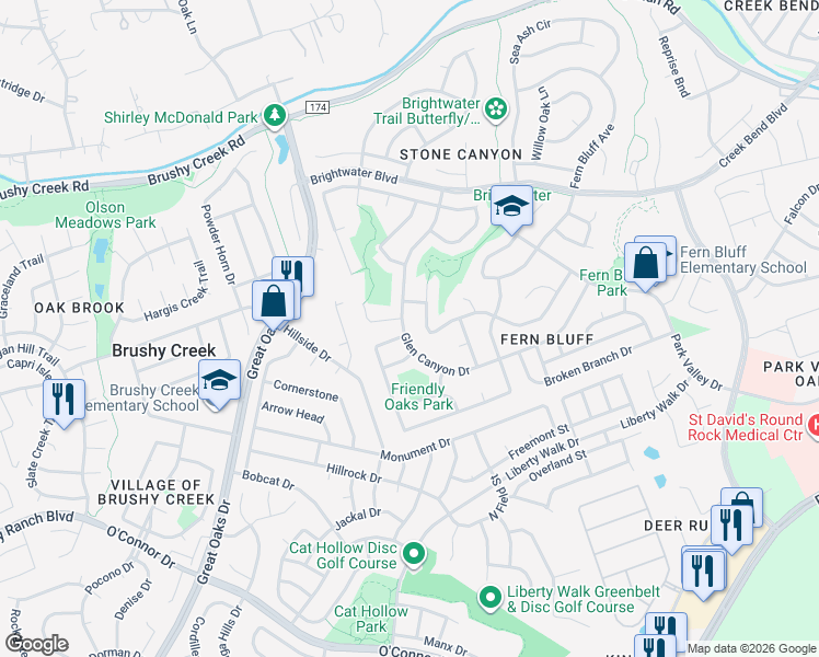 map of restaurants, bars, coffee shops, grocery stores, and more near 8608 Glen Canyon Drive in Round Rock