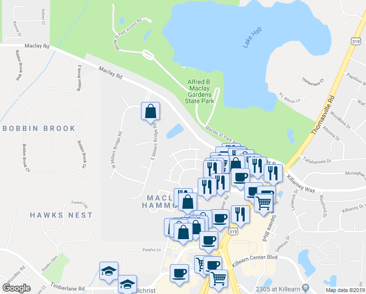 map of restaurants, bars, coffee shops, grocery stores, and more near 1334 Hidden Timbers Place in Tallahassee