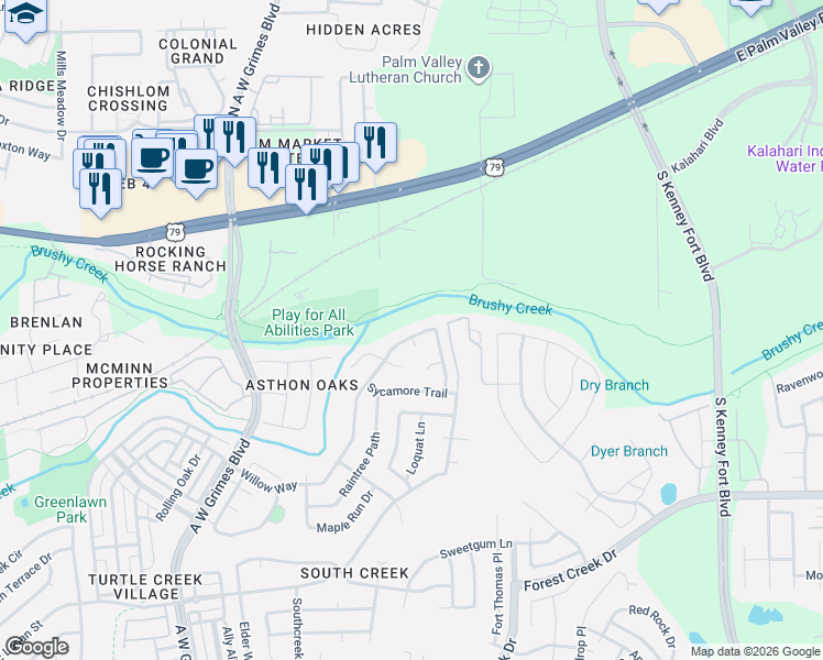 map of restaurants, bars, coffee shops, grocery stores, and more near 2424 Willow Way in Round Rock