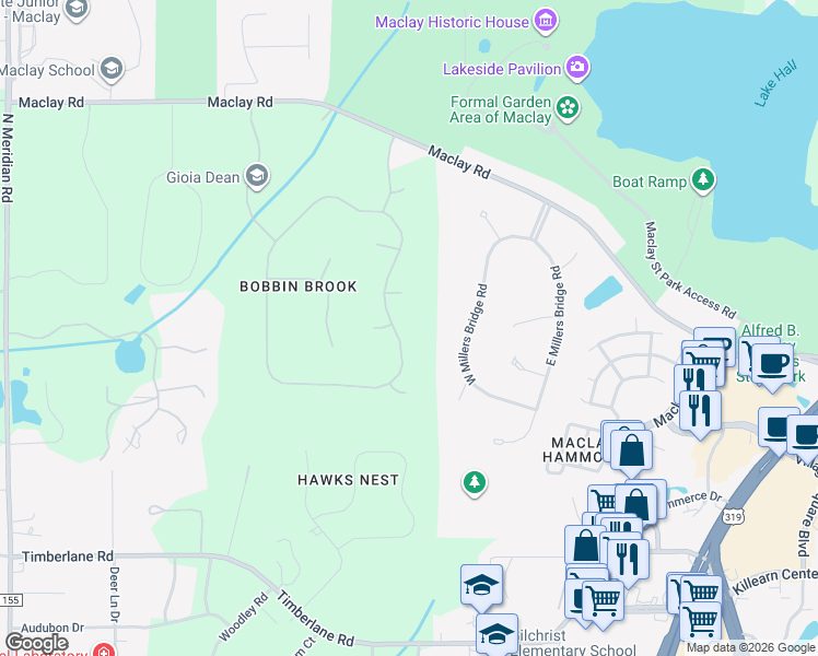 map of restaurants, bars, coffee shops, grocery stores, and more near 3968 Bobbin Brook Circle in Tallahassee