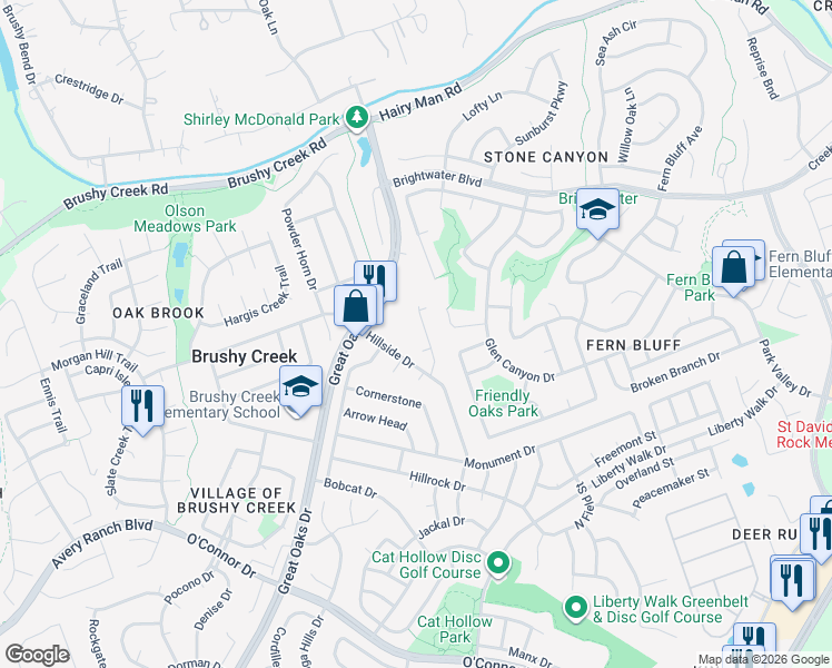 map of restaurants, bars, coffee shops, grocery stores, and more near 619 Rollingway Drive in Round Rock