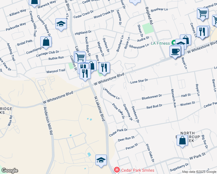 map of restaurants, bars, coffee shops, grocery stores, and more near 905 Quartz Court in Cedar Park