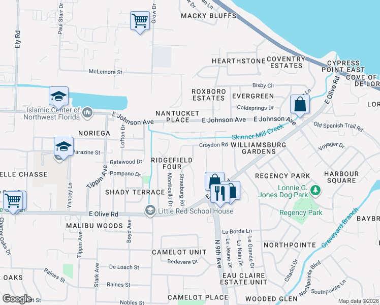 map of restaurants, bars, coffee shops, grocery stores, and more near 3925 Croydon Road in Pensacola