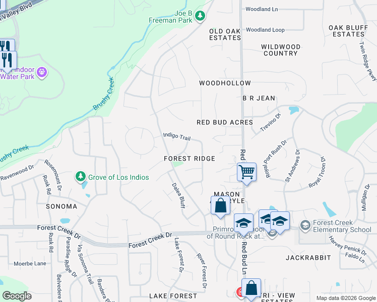map of restaurants, bars, coffee shops, grocery stores, and more near 3020 Senna Ridge Trail in Round Rock