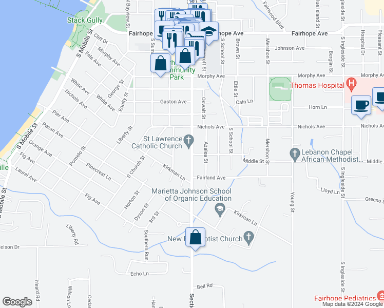 map of restaurants, bars, coffee shops, grocery stores, and more near 401 Dogwood Avenue in Fairhope